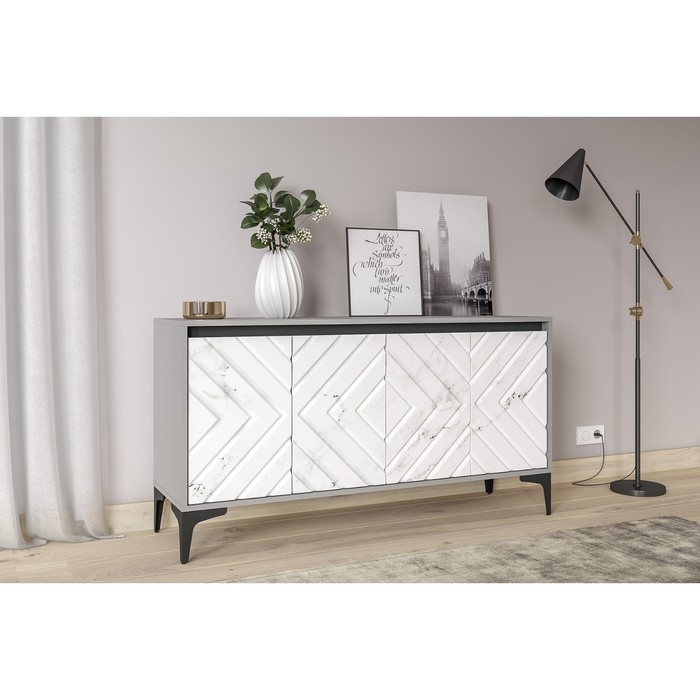 Тумба под ТВ «Муар 13.261.02», 1368×400×718 мм, цвет стальной серый / мрамор белый софт