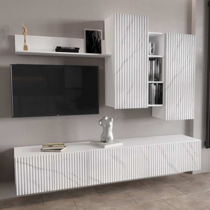 Гостиная подвесная «Глэйс», 2108×436×1757 мм, цвет ЛДСП белый бриллиант/МДФ монте белый